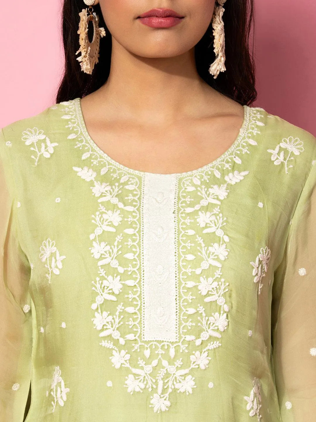 Green Embroidered Silk Blend Co-Ords - Libas 