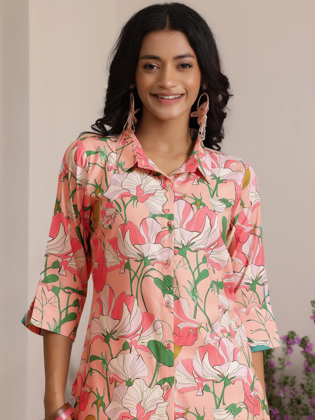  Peach Printed Silk Blend Co-Ords 