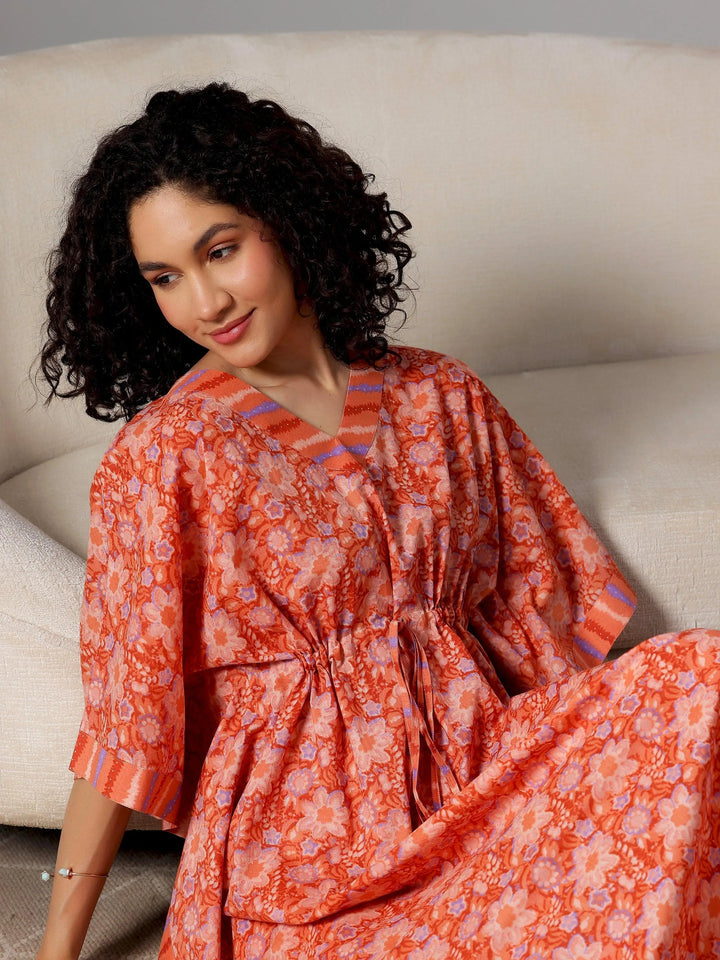 Orange Printed Cotton Kaftan Night Dress - Libas