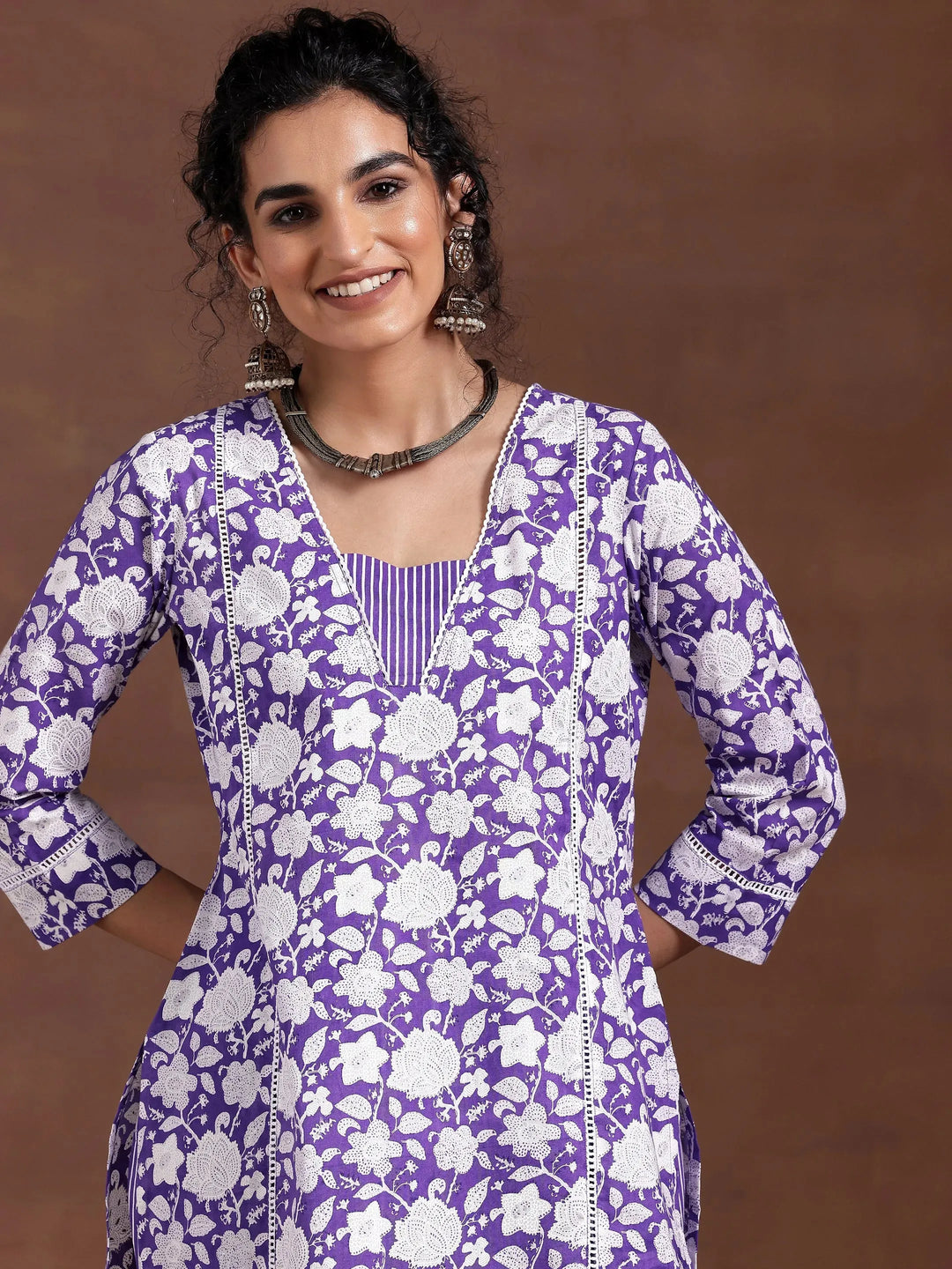  Purple Printed Cotton Straight Kurta Set 