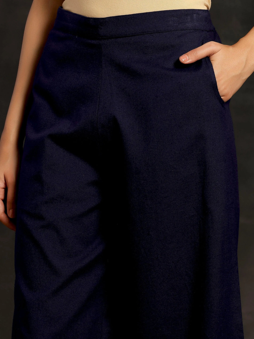 Navy Blue Solid Cotton Palazzos - Libas