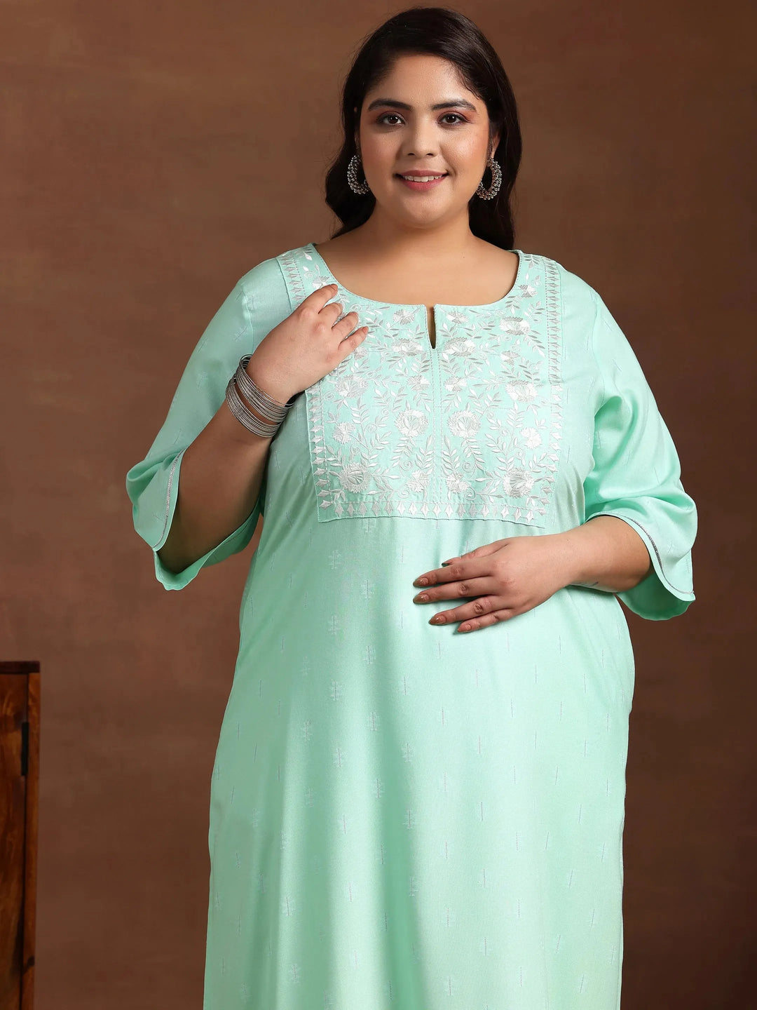  Plus Size Blue Yoke Design Rayon Straight Kurta 