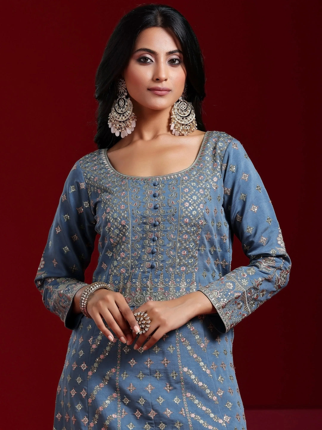  Libas Art Blue Embroidered Silk Blend A-Line Kurta With Trousers & Dupatta 