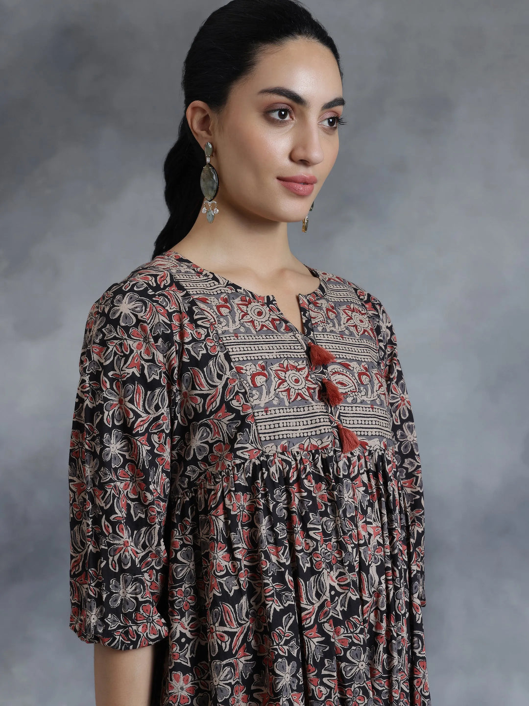  Black Printed Cotton A-Line Dress 