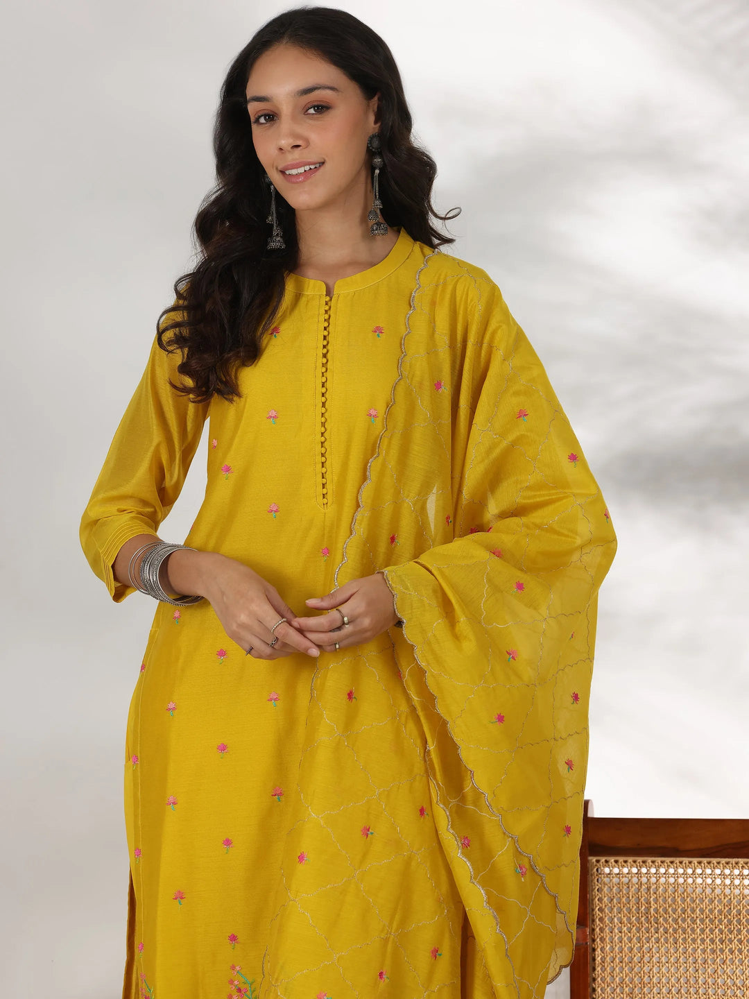  Yellow Embroidered Chanderi Silk Straight Suit With Dupatta 