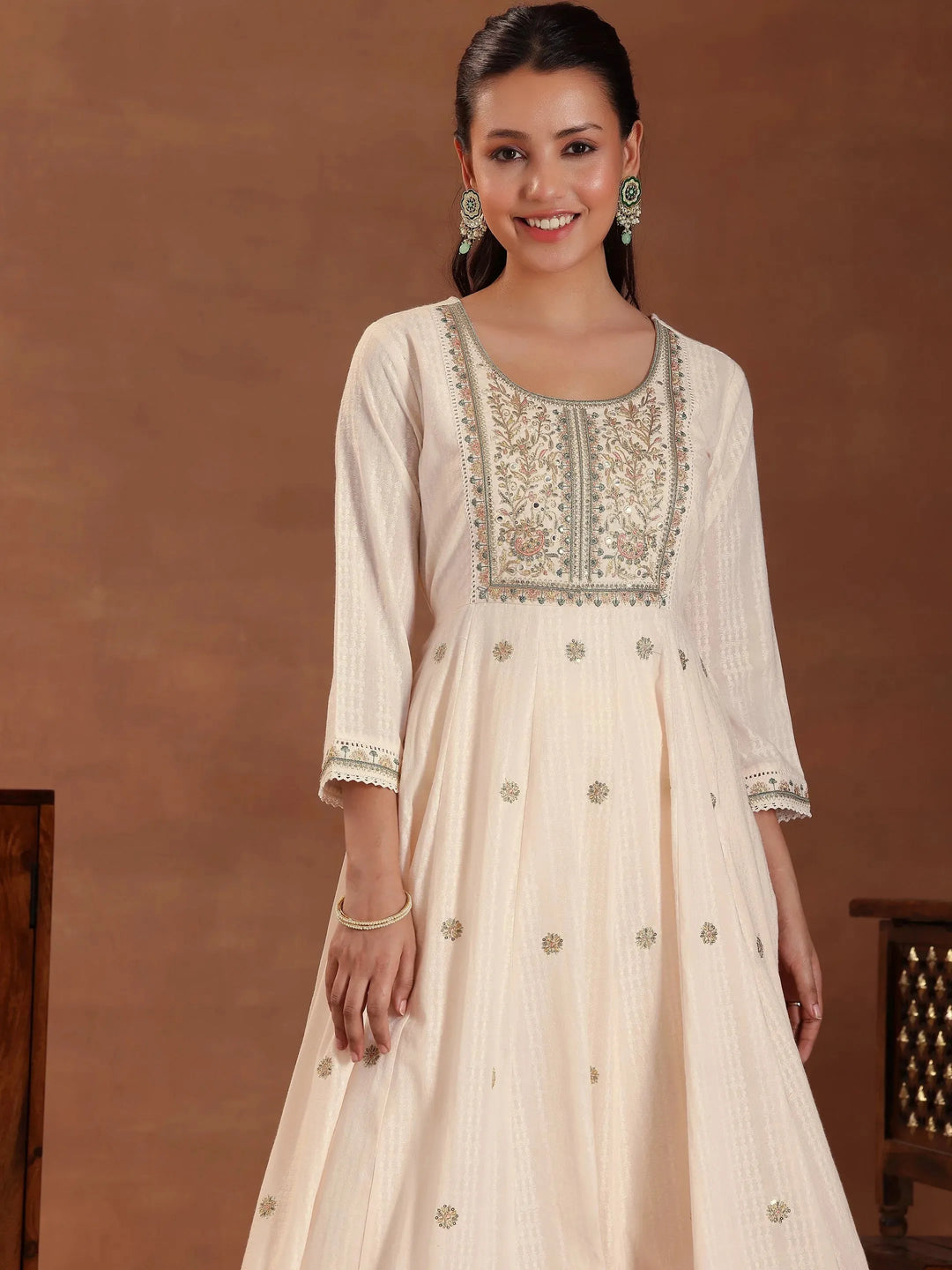  Peach Embroidered Pure Cotton A-line Kurta With Trouers & Dupatta 