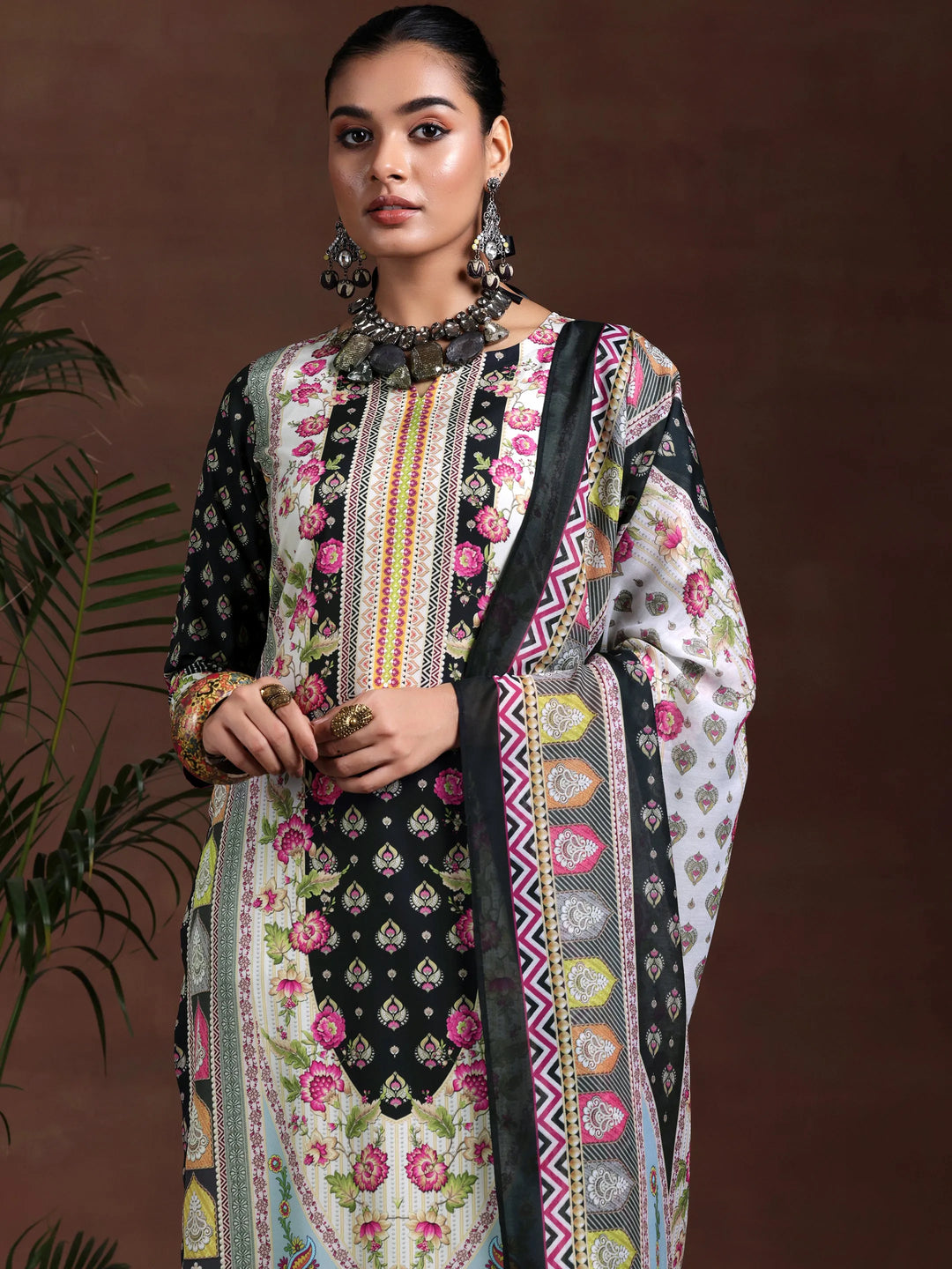  Black Printed Poly Crepe Straight Suit With Dupatta 
