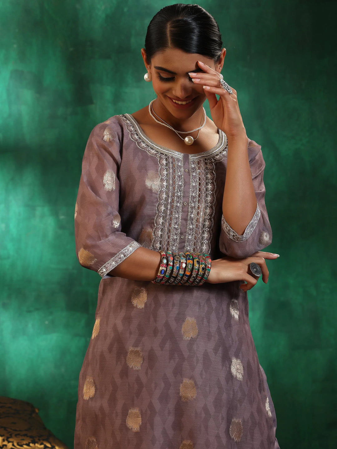  Brown Printed Silk Blend Straight Suit With Dupatta 