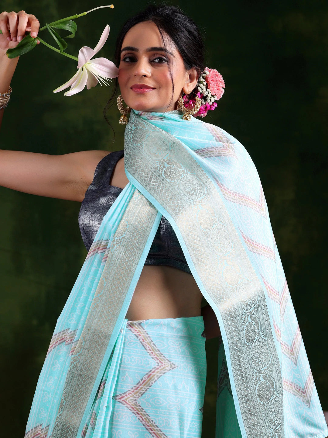 Blue Printed Silk Blend Saree With Unstitched Blouse Piece - Libas 