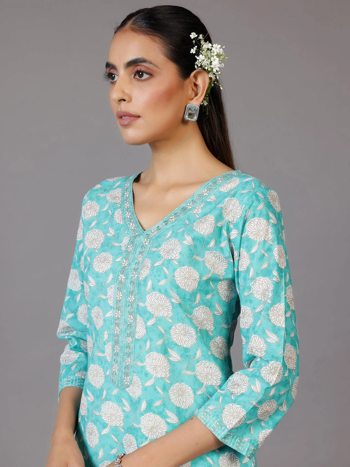 Turquoise Printed Cotton Straight Suit With Dupatta - Libas