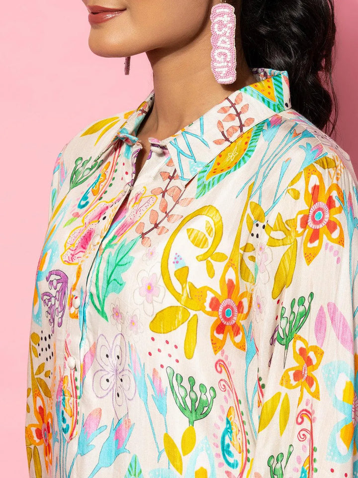 Cream Printed Silk Blend Co-Ords - Libas