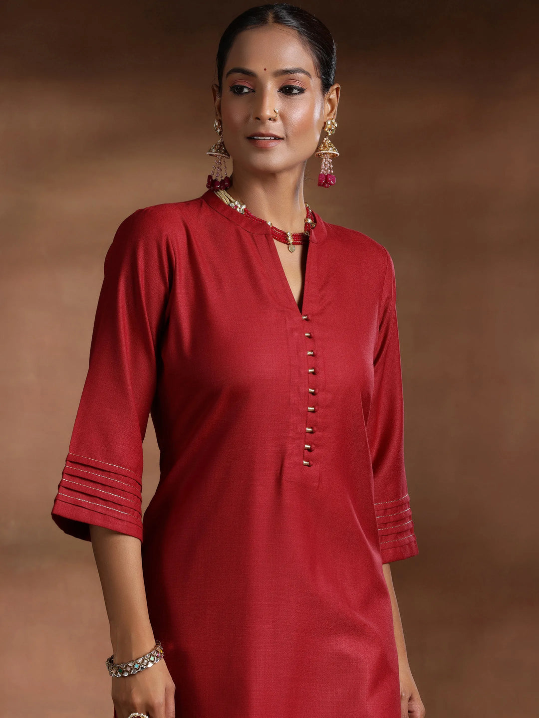  Maroon Solid Cotton Blend Straight Suit With Dupatta 