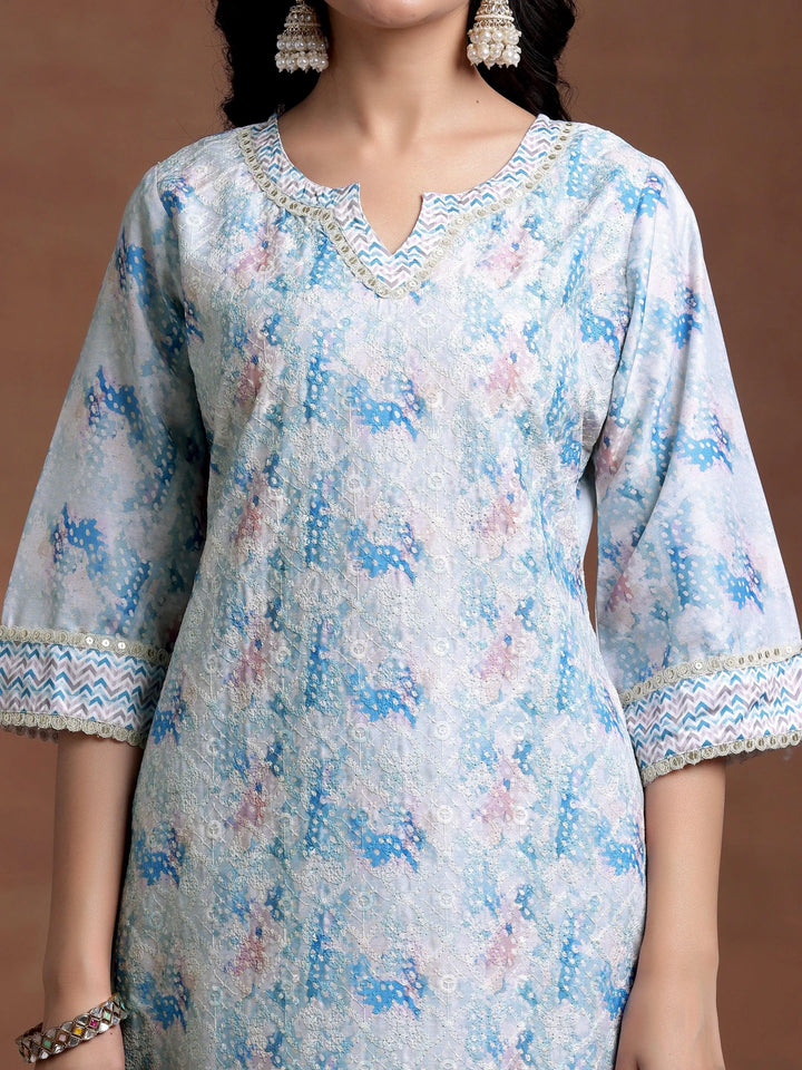 Blue Embroidered Cotton Blend Straight Suit With Dupatta - Libas