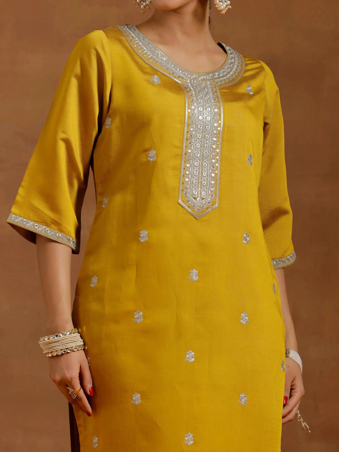  Mustard Embroidered Silk Blend Straight Suit With Dupatta 
