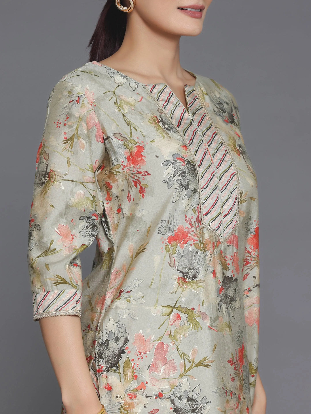 Grey Printed Silk Blend Straight Kurta Set - Libas 