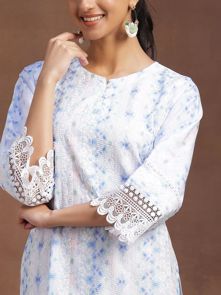 Sky Blue Embroidered Cotton Blend Straight Suit With Dupatta - Libas