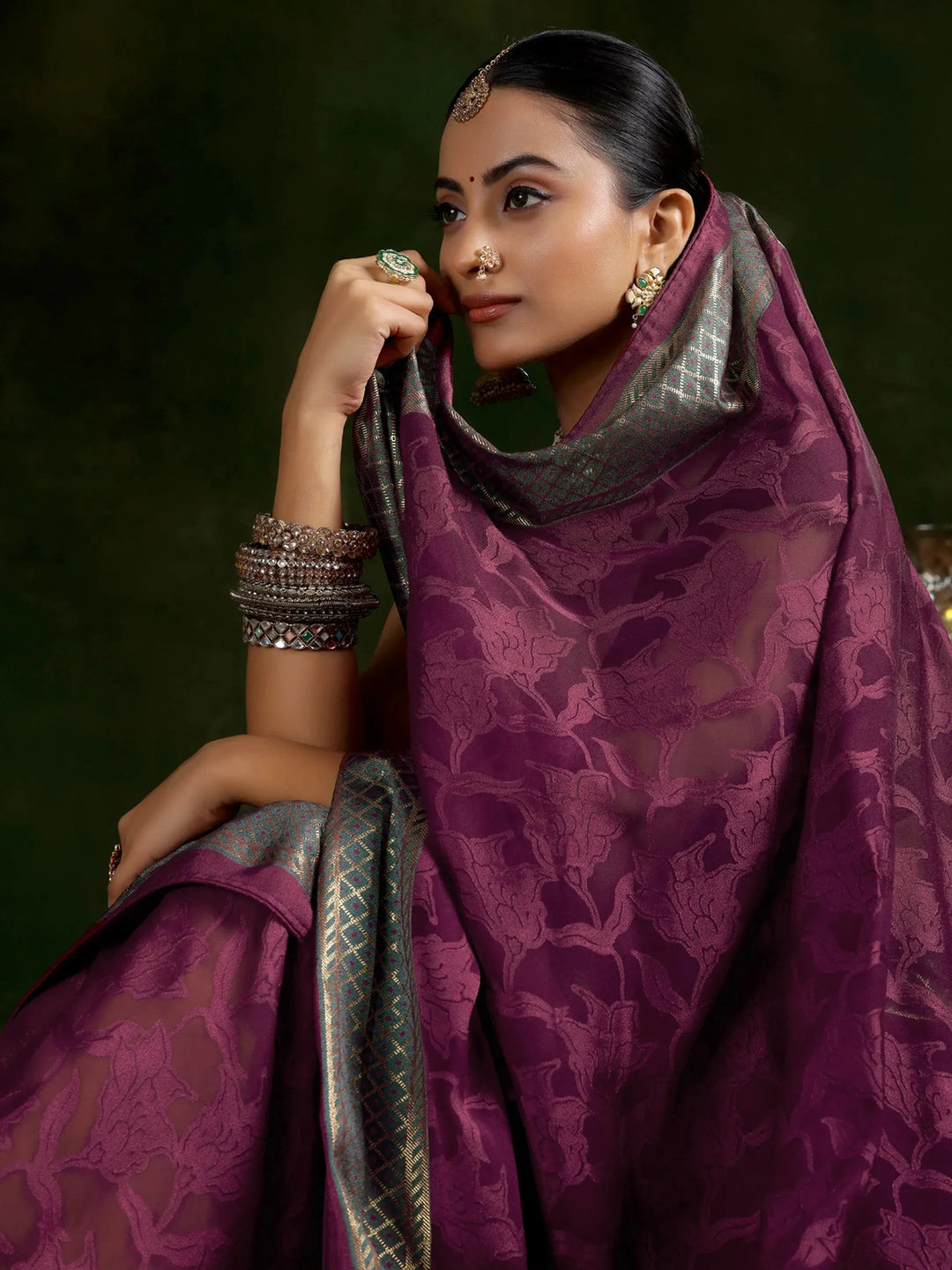  Wine Printed Silk Blend Saree With Unstitched Blouse Piece 