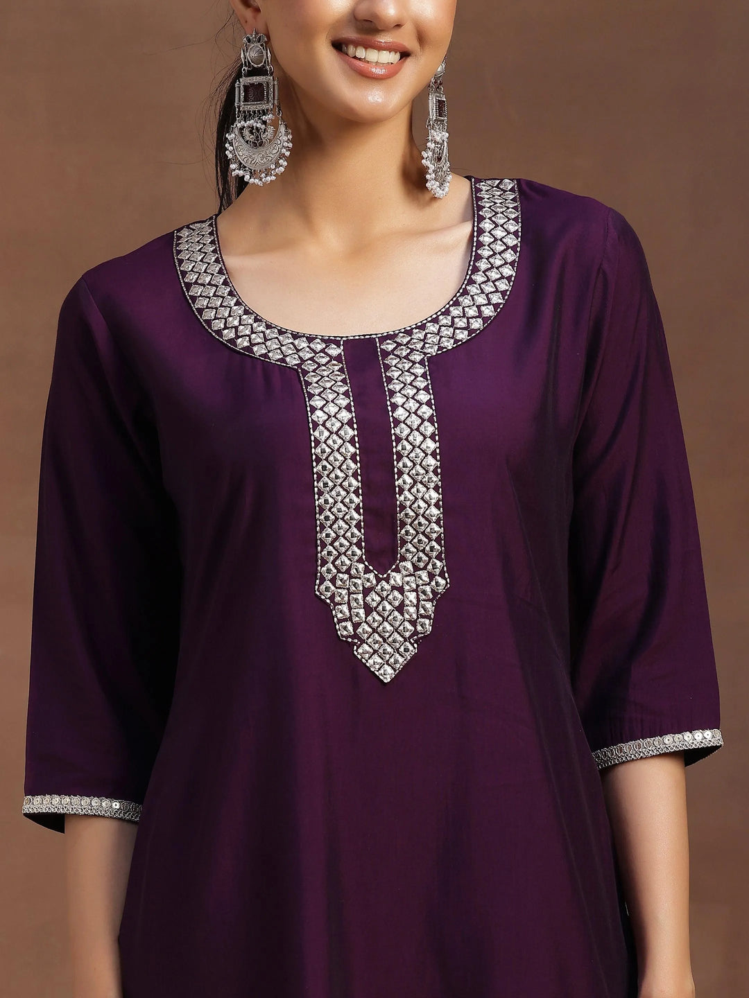 Purple Embroidered Silk Blend Straight Suit With Dupatta - Libas