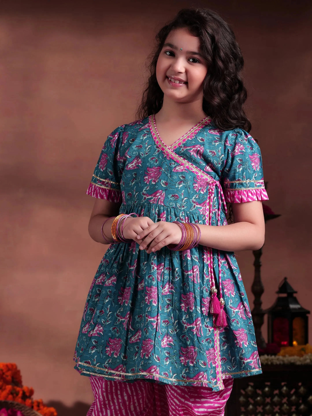  Kids Blue Printed Cotton A-Line Kurta With Dhoti Pants 