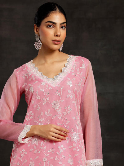 Pink Embroidered Cotton Straight Suit With Dupatta - Libas