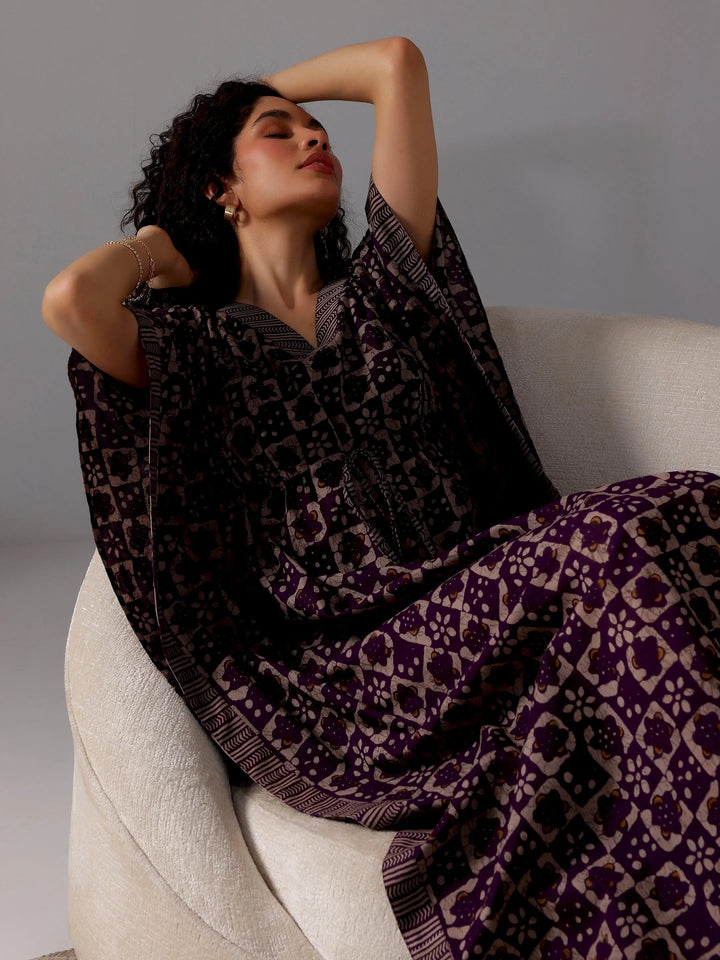 Purple Printed Cotton Kaftan Night Dress - Libas
