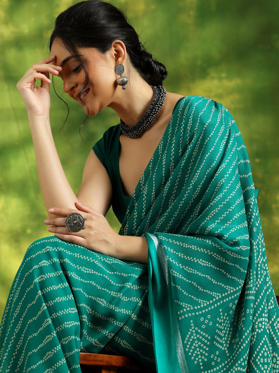 Green Printed Satin Saree With Unstitched Blouse Piece - Libas 