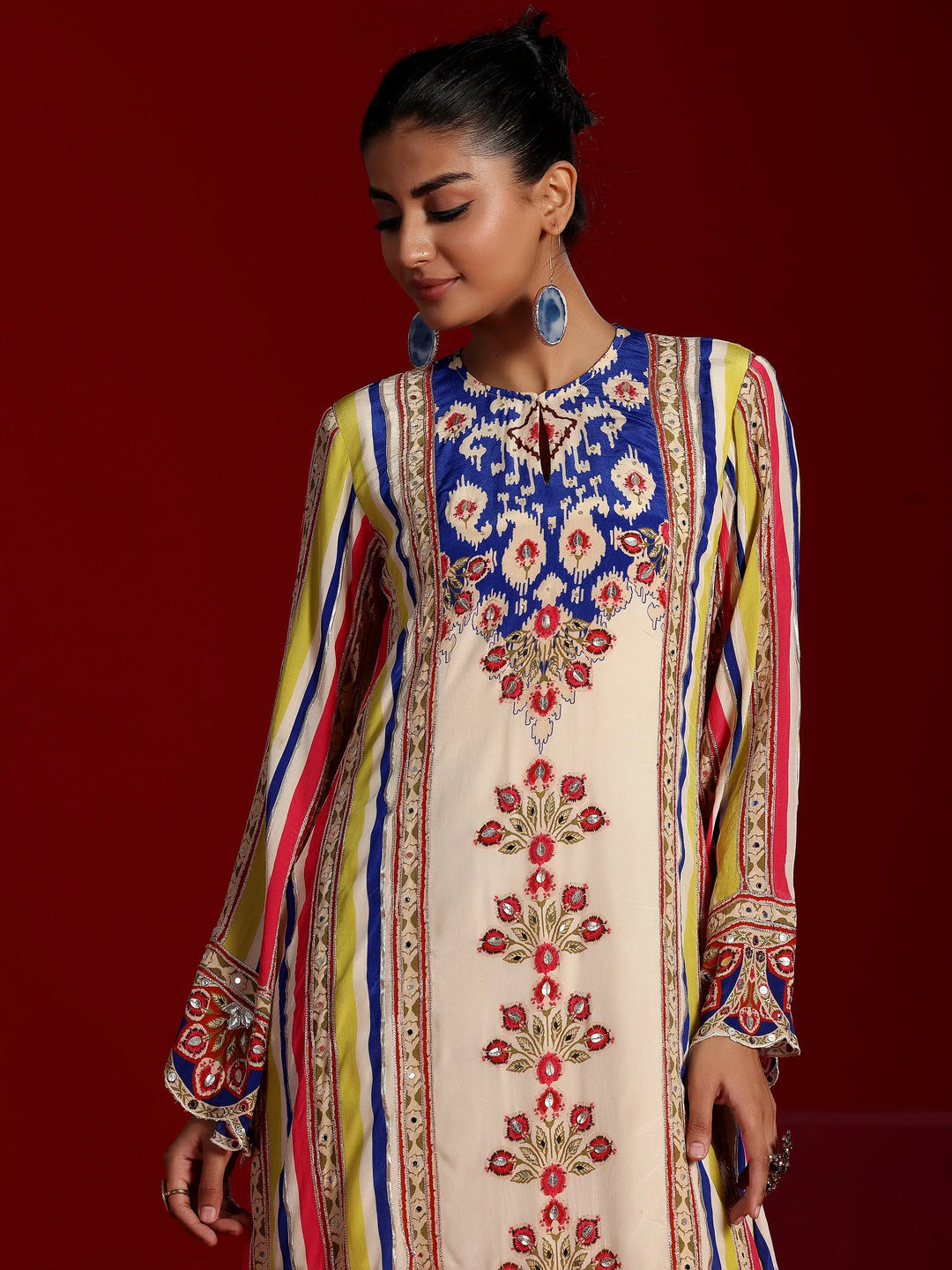  Libas Art Multi Printed Silk Crepe A-Line Kurta With Dhoti Pants 