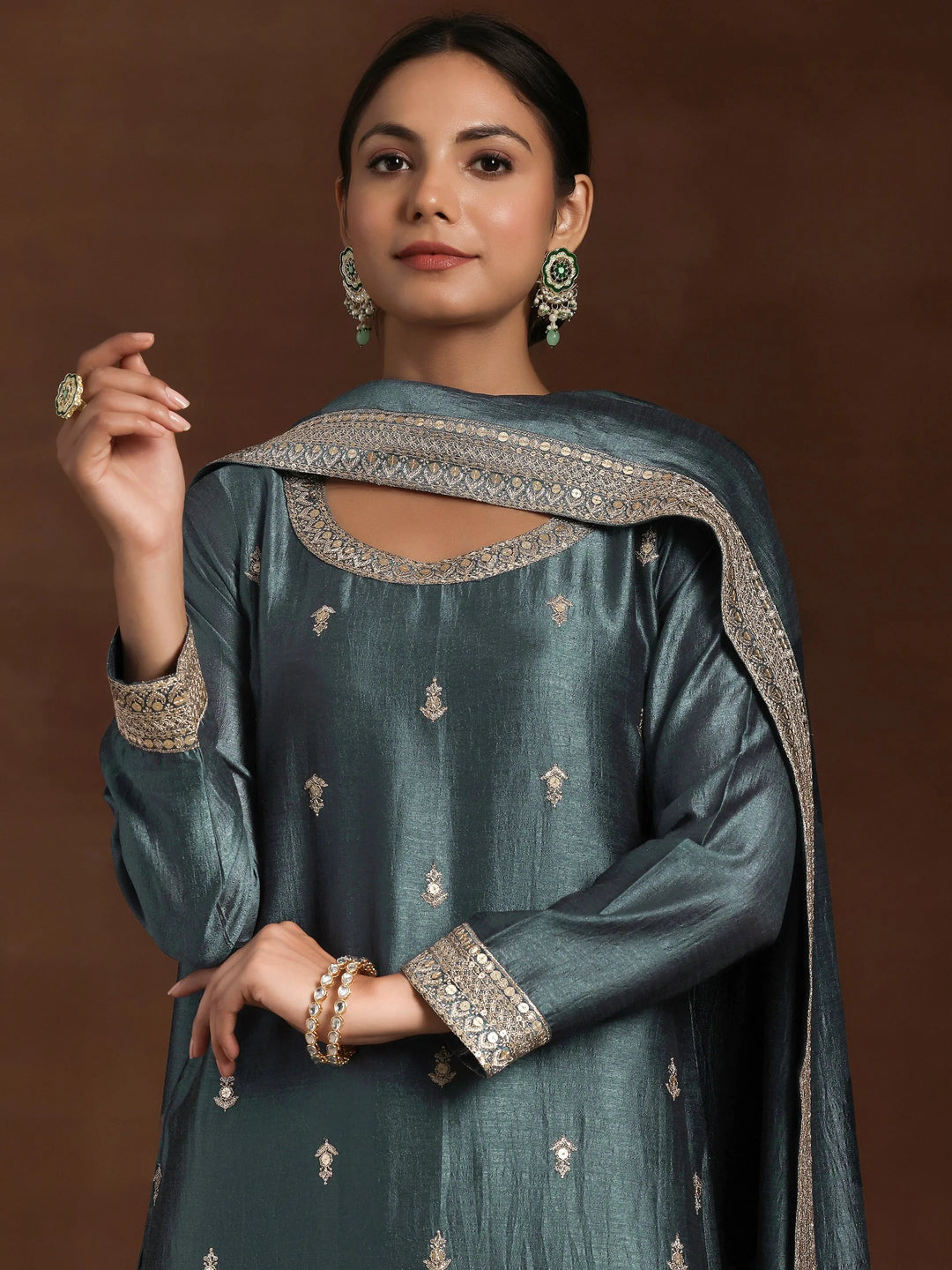  Grey Embroidered Silk Blend Pakistani Suit 