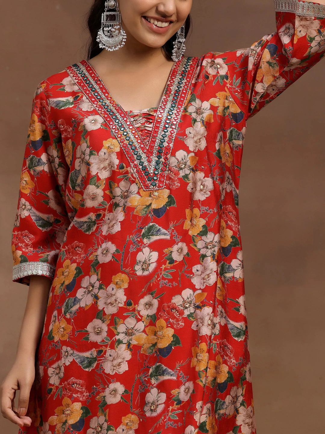 Red Printed Silk Blend Co-Ords 