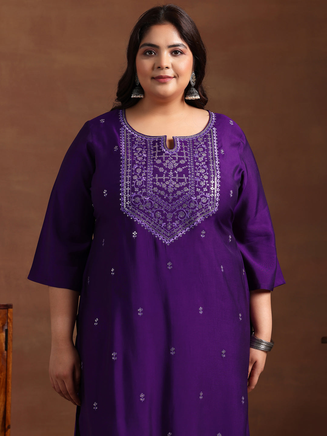  Plus Size Purple Yoke Design Silk Blend Straight Kurta Set 