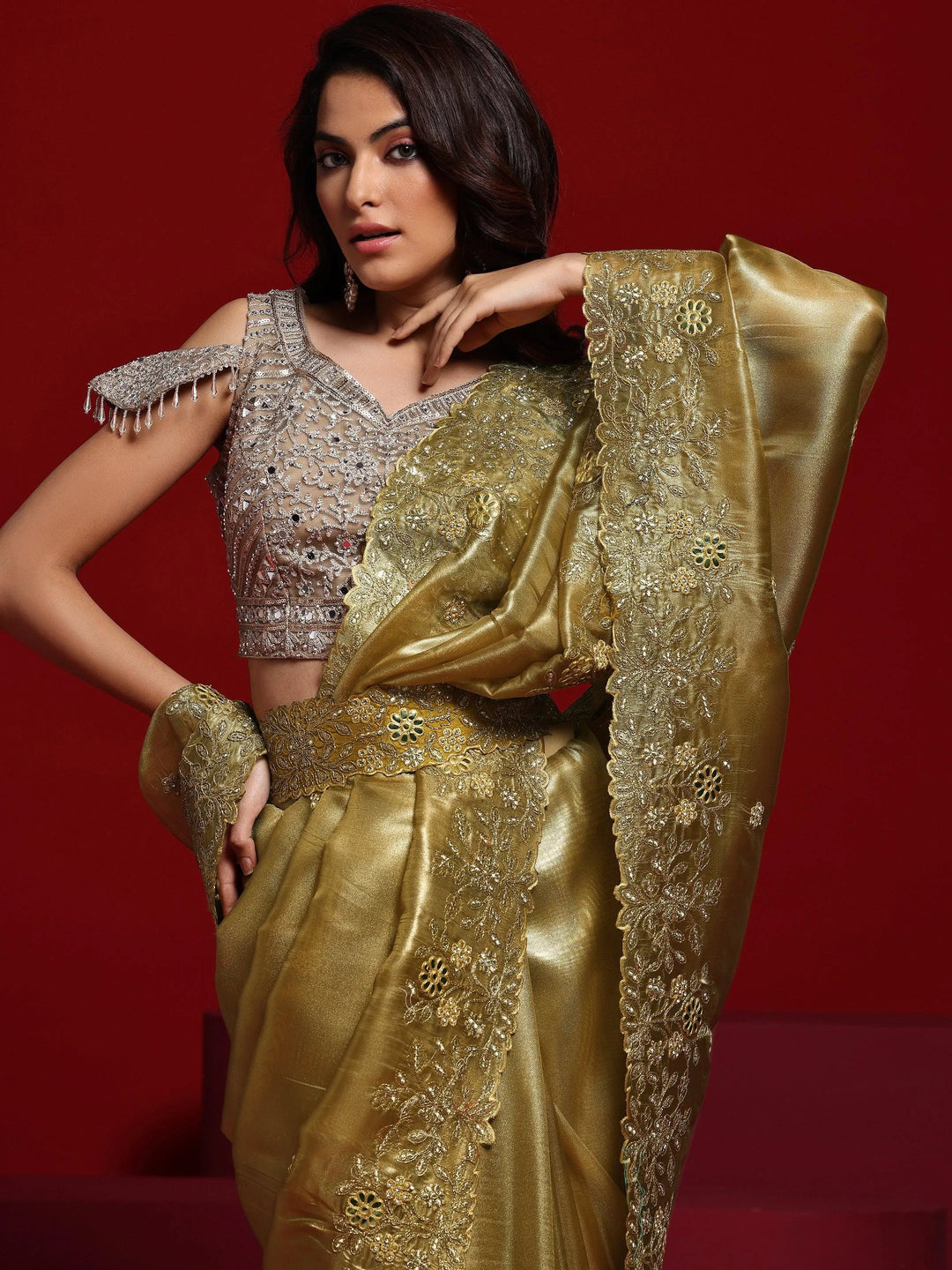 Libas Art Mustard Embroidered Silk Blend Saree With Unstitched Blouse Piece - Libas 