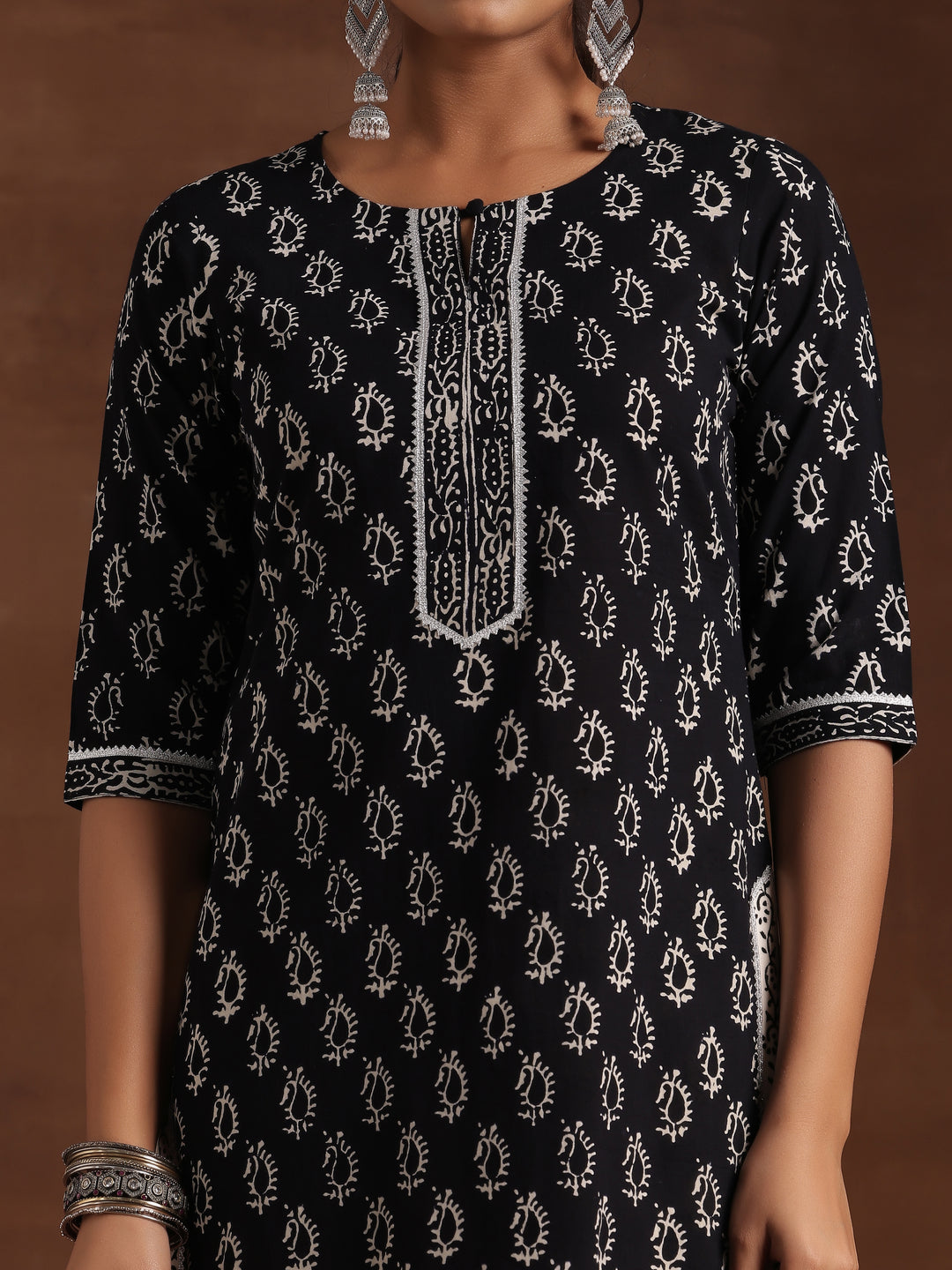  Black Printed Cotton Straight Suit With Dupatta 