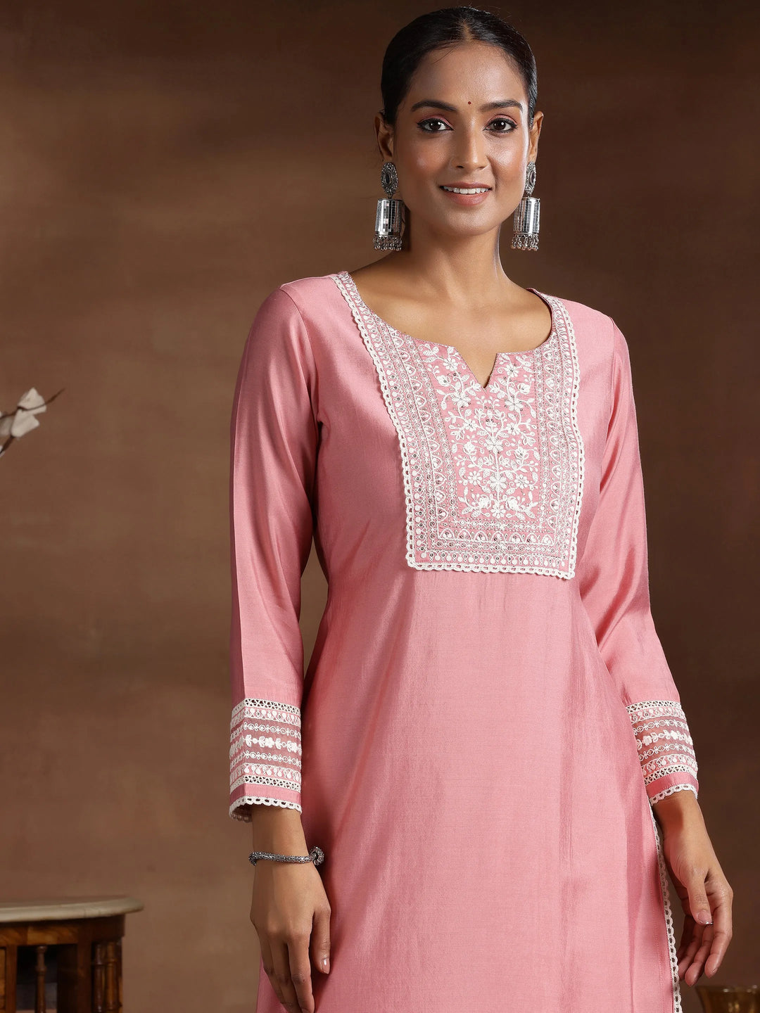  Pink Yoke Design Silk Blend Straight Suit With Dupatta 