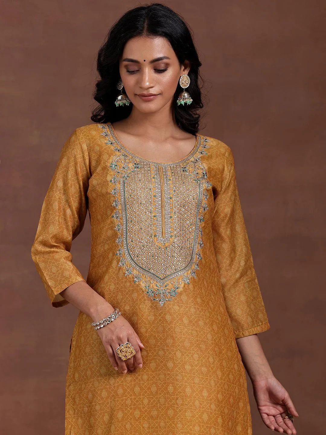 Mustard Printed Silk Blend Straight Suit With Dupatta - Libas 