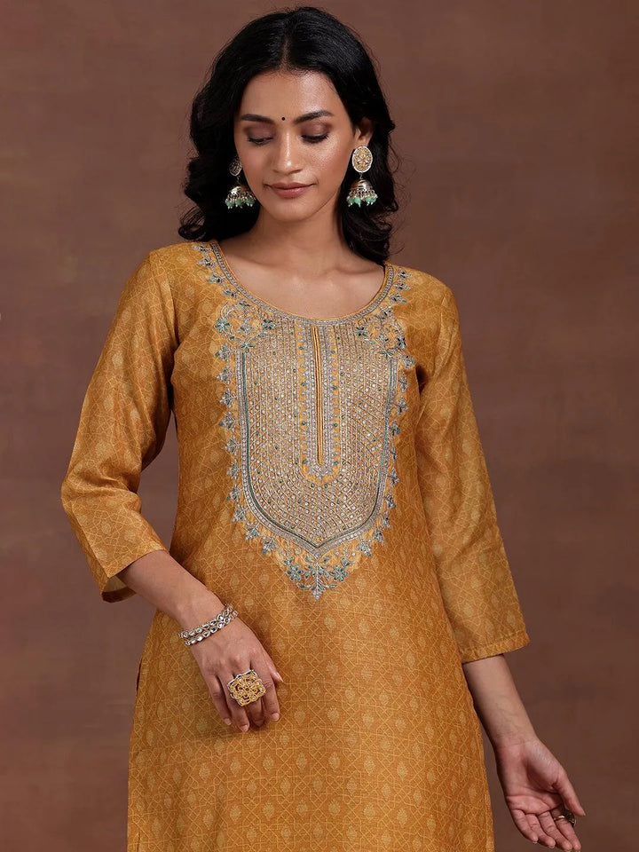 Mustard Printed Silk Blend Straight Suit With Dupatta - Libas