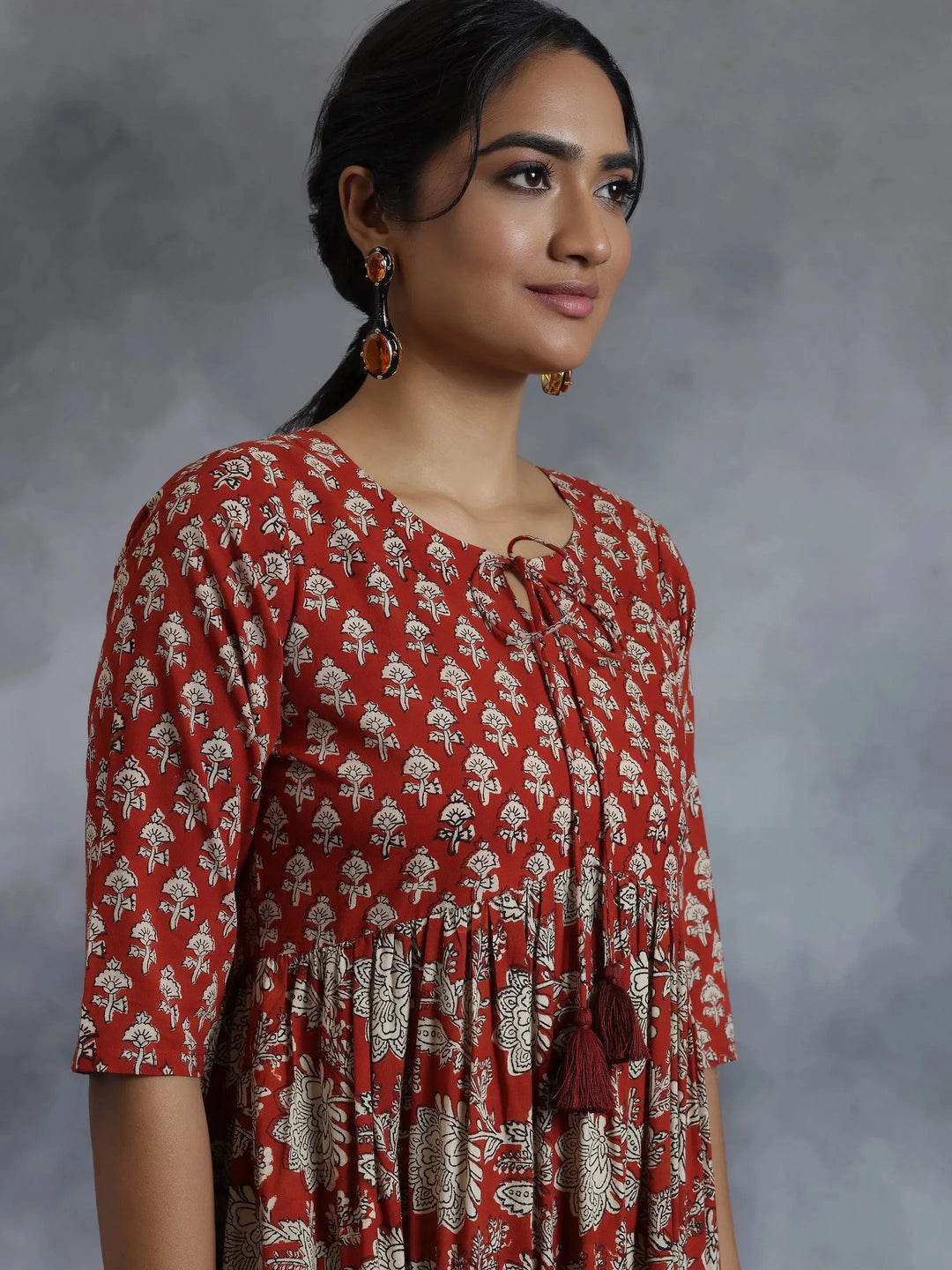  Rust Printed Cotton A-Line Dress 