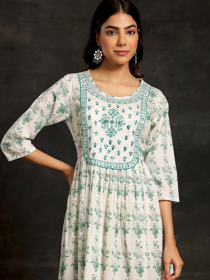 White Printed Cotton A-Line Dress - Libas