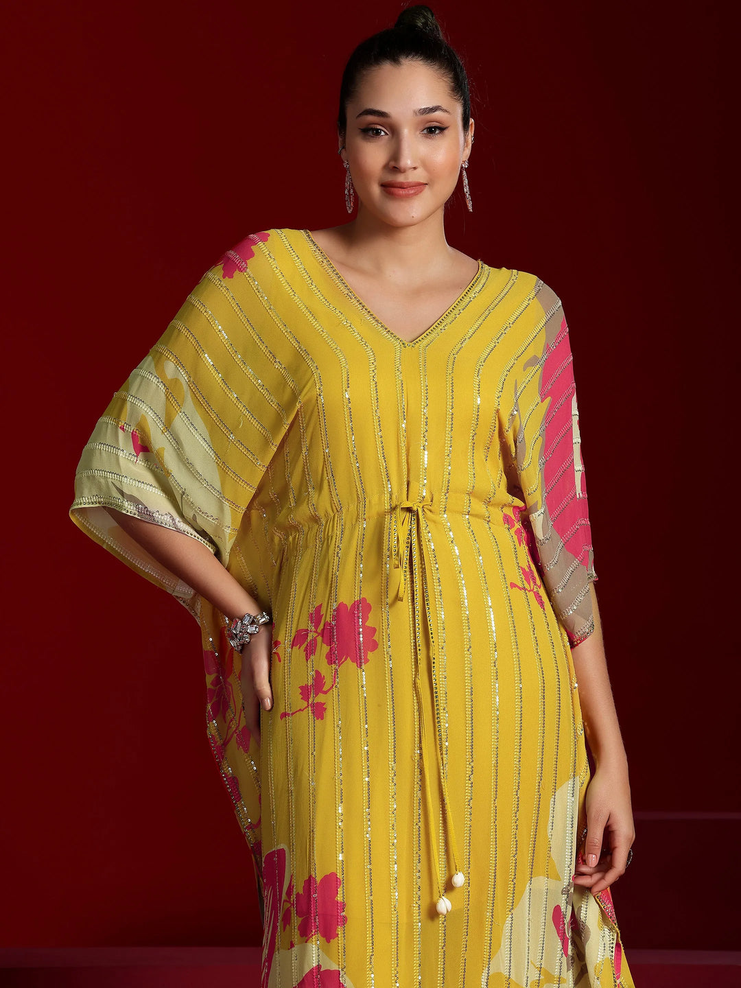  Libas Art Yellow Printed Poly Georgette 3 Piece Co-Ords 
