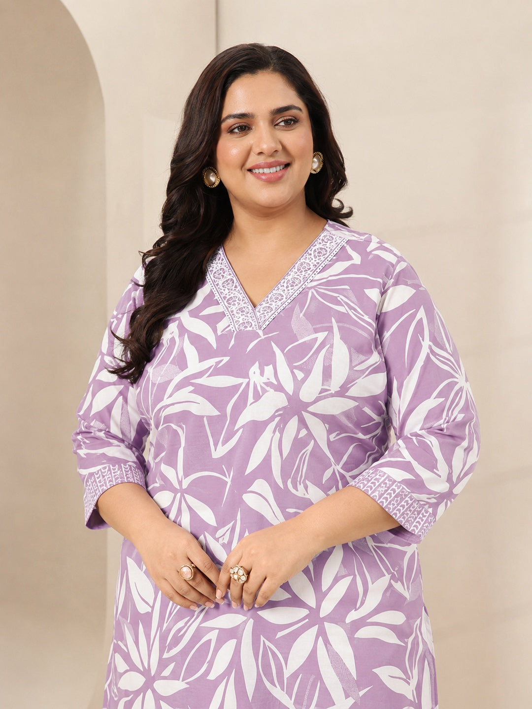  Plus Size Mauve Floral Printed Cotton Blend Straight Suit Set 