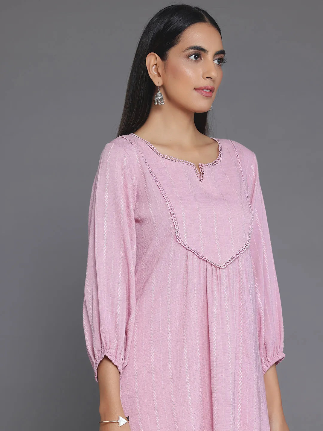  Pink Woven Design Cotton Blend A-Line Kurti 