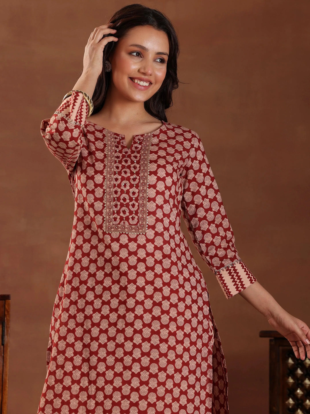 Maroon Printed Cotton Straight Suit With Dupatta - Libas 