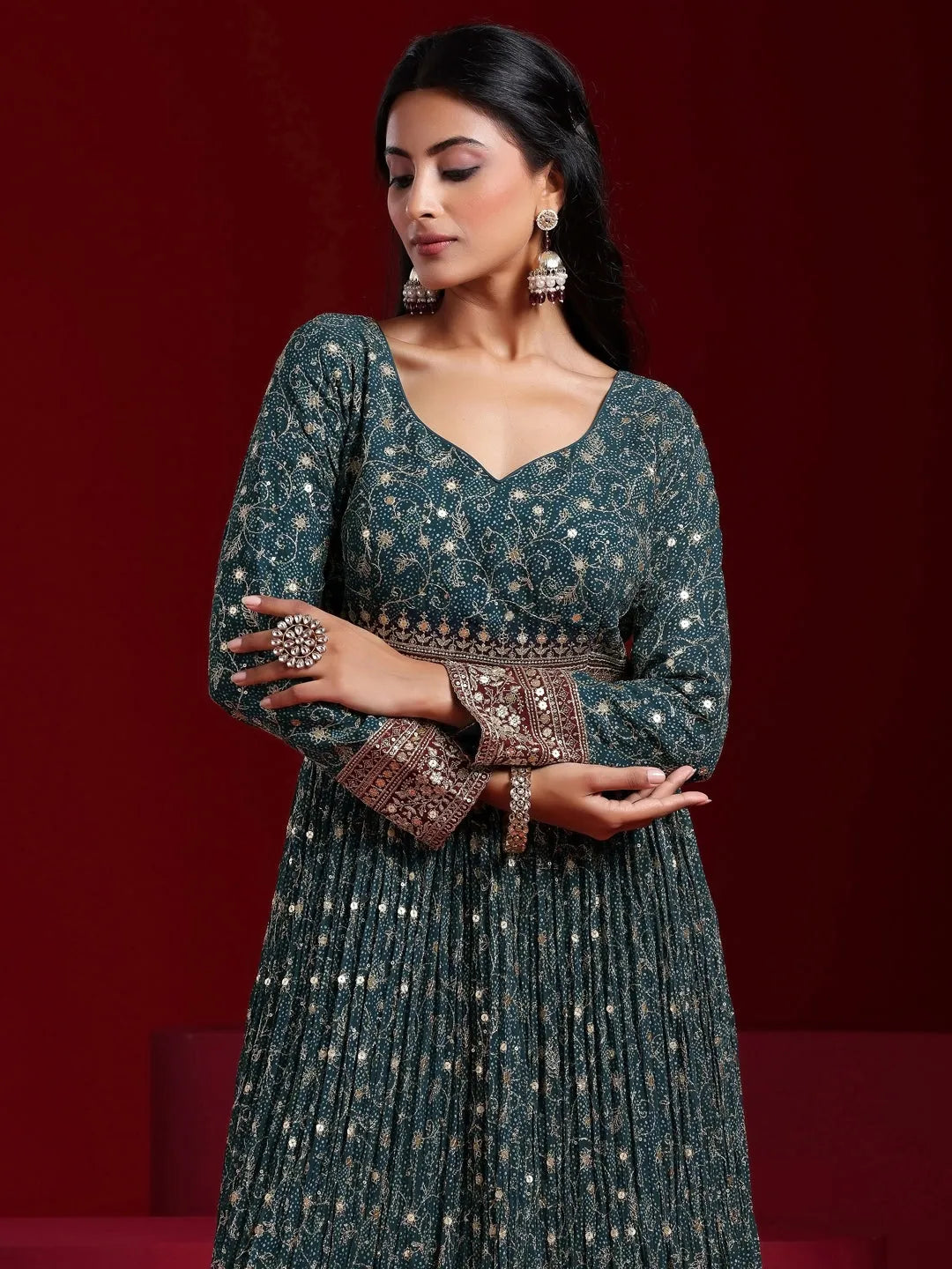  Teal Blue Printed Georgette A-Line Kurta With Trousers & Dupatta 