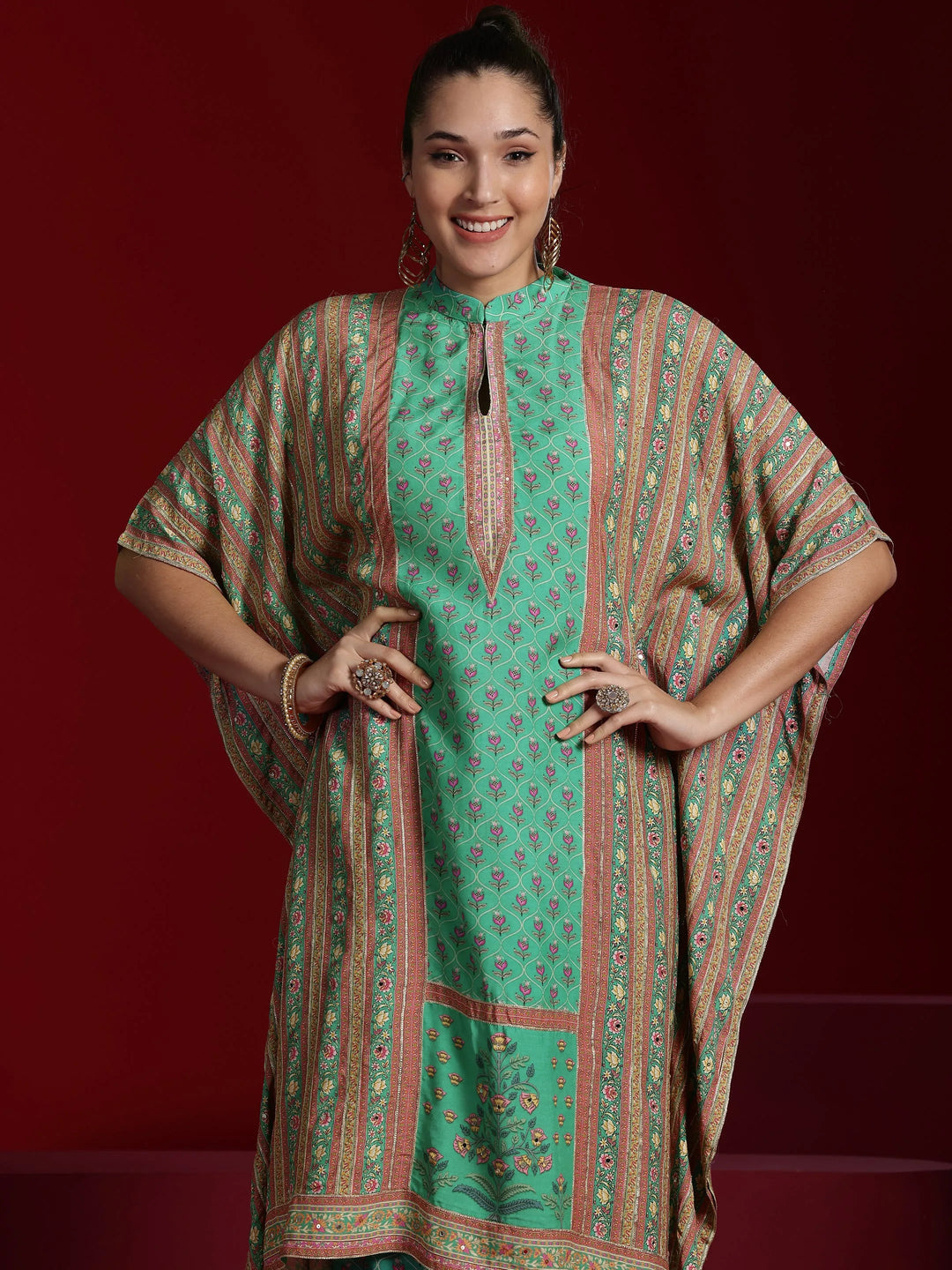  Libas Art Green Printed Silk Blend Straight Kaftan Kurta & Palazzos 