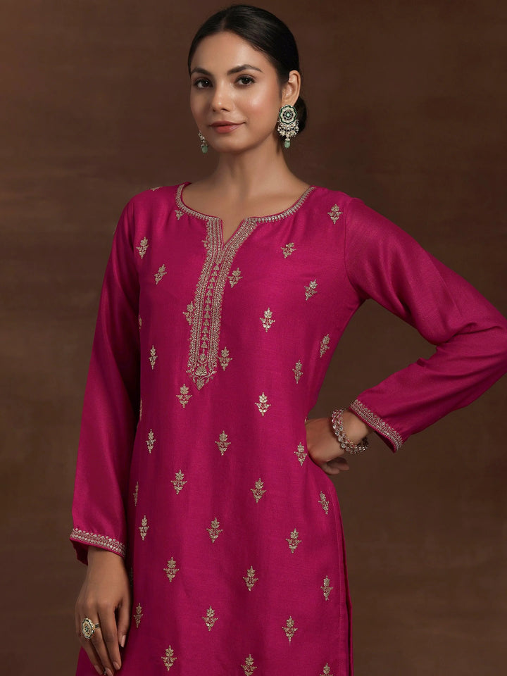 Pink Embroidered Silk Blend Straight Suit With Dupatta - Libas
