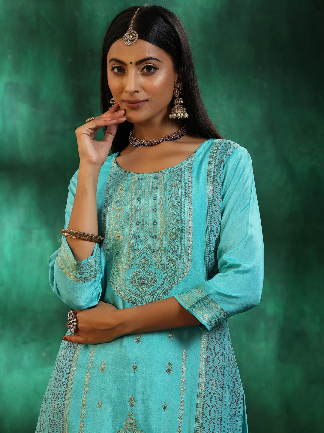  Turquoise Blue Woven Design Silk Blend Straight Suit With Dupatta 