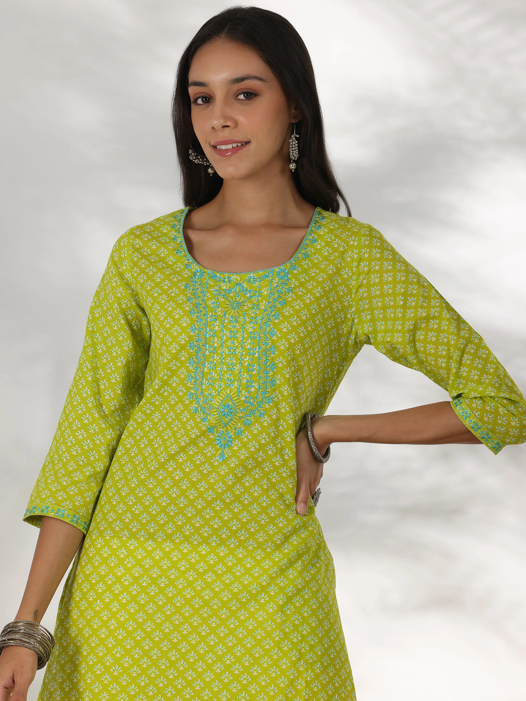  Green Printed Cotton Straight Kurta 