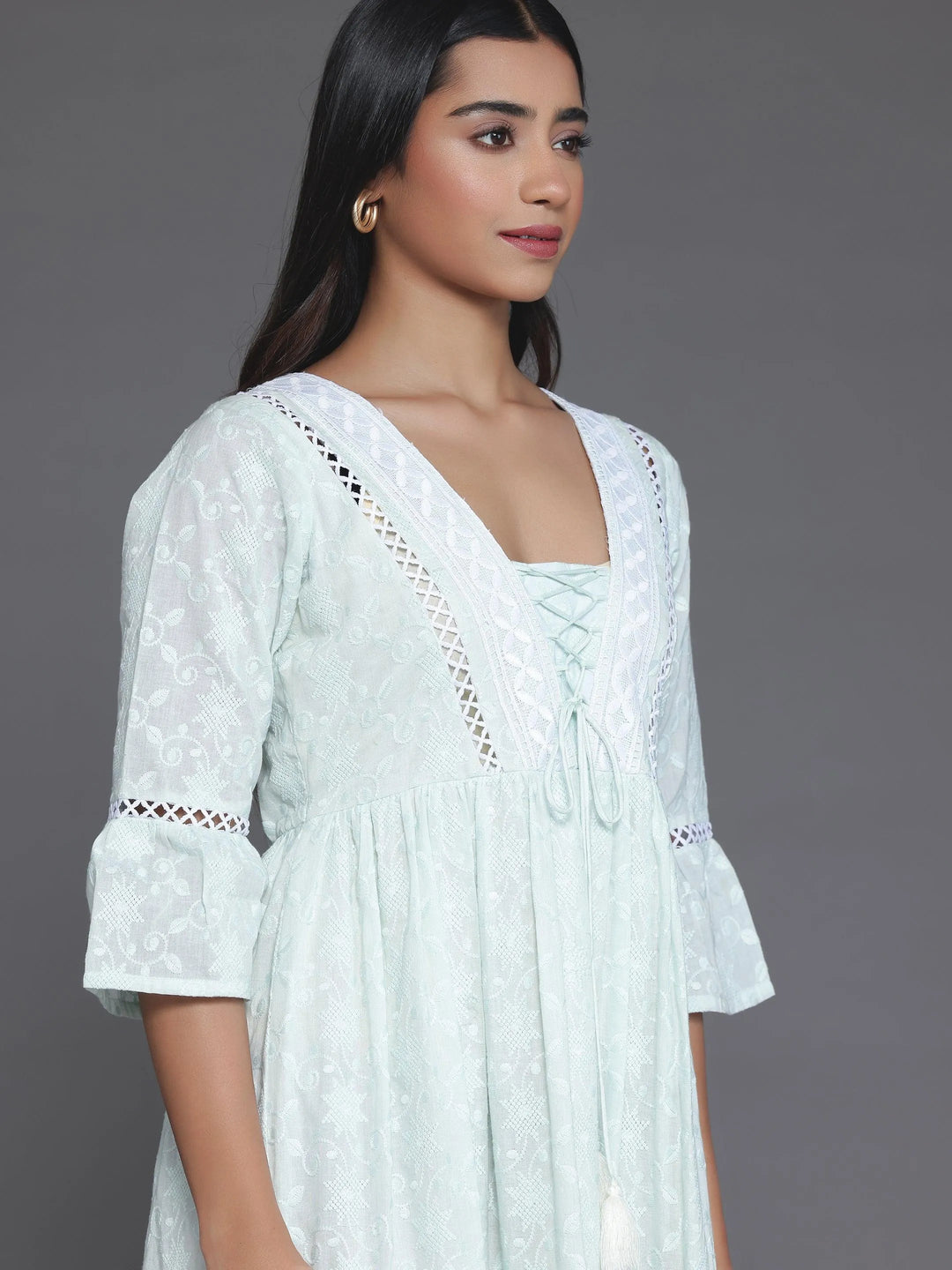 Sea Green Embroidered Cotton Fit and Flare Dress - Libas 