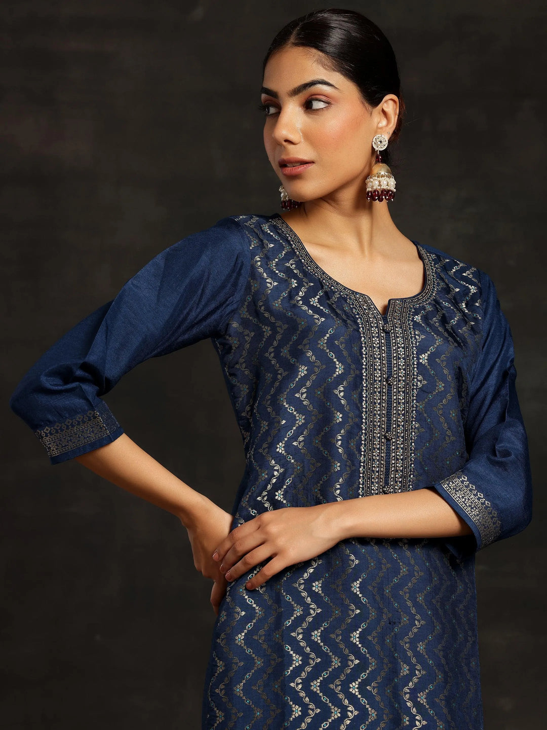 Blue Woven Design Silk Blend Straight Suit With Dupatta - Libas 