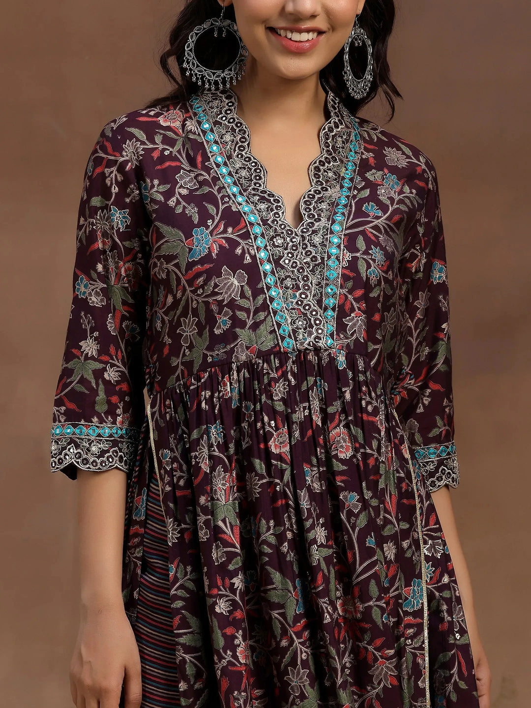  Burgundy Printed Silk Blend A-Line Kurta With Palazzos & Dupatta 