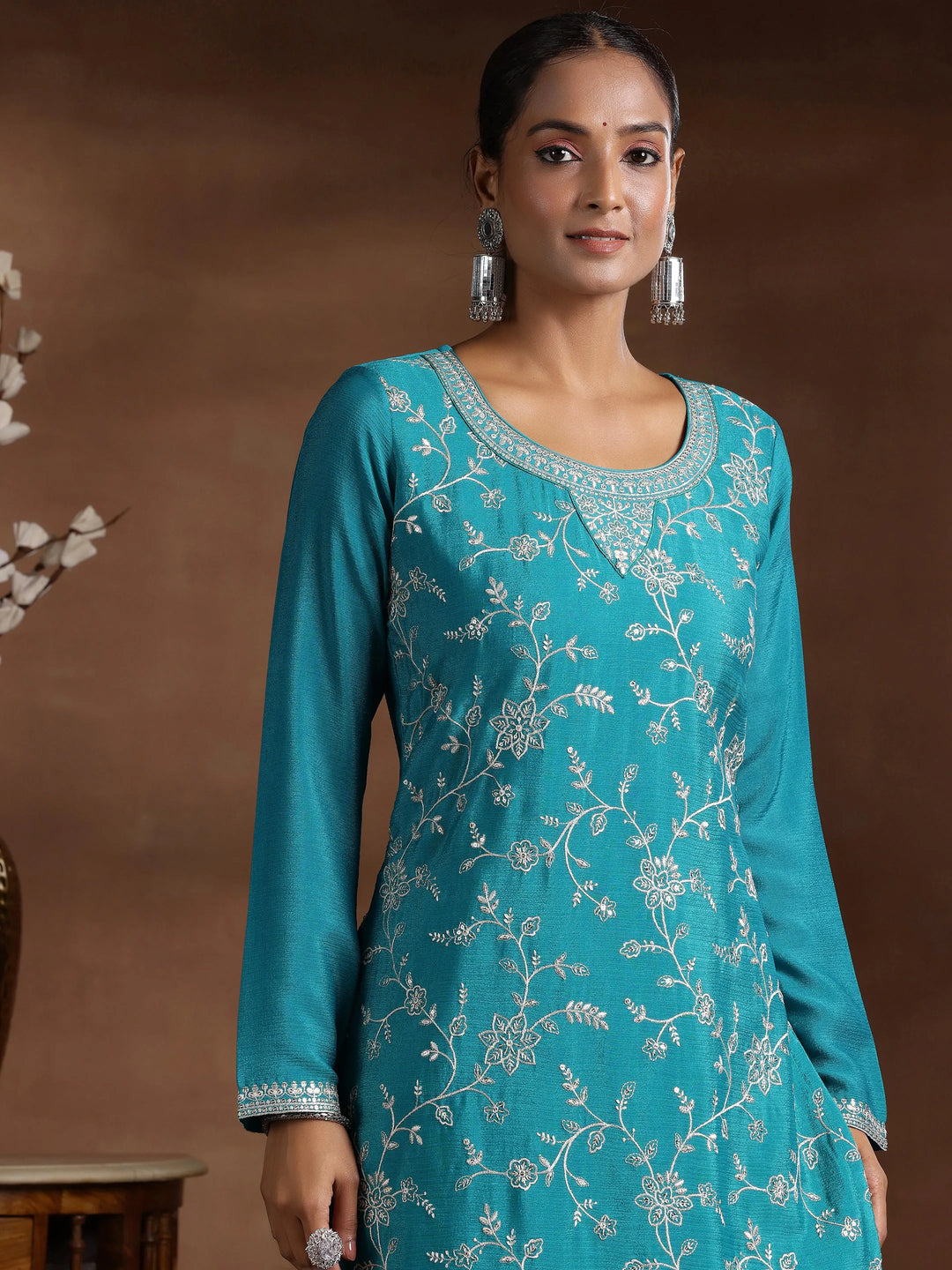  Rama Blue Embroidered Silk Blend Straight Suit With Dupatta 